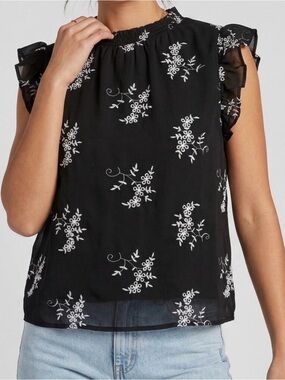 Black Floral Embroidered Ruffle-Sleeve Blouse